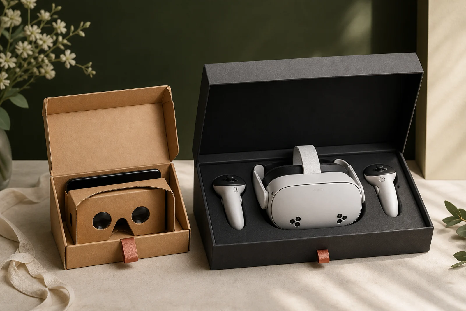 Dos cajas de presentación para una boda 360: una caja con un visor ecológico para invitados y una caja VIP con un visor de realidad virtual